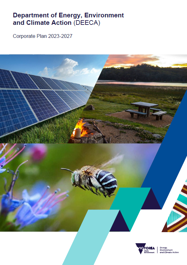 DEECA 2023-2027 Corporate plan, solar panel Camping ground and a close up of a bee landing on flowers