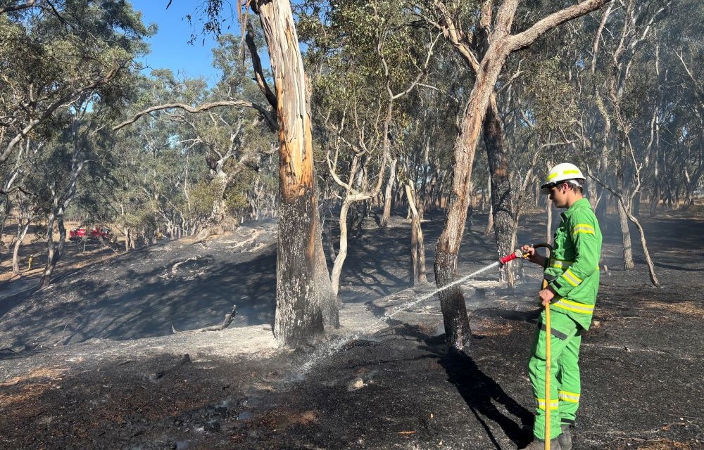 A firefighter in green is holding a hose, blacking out a fire ground