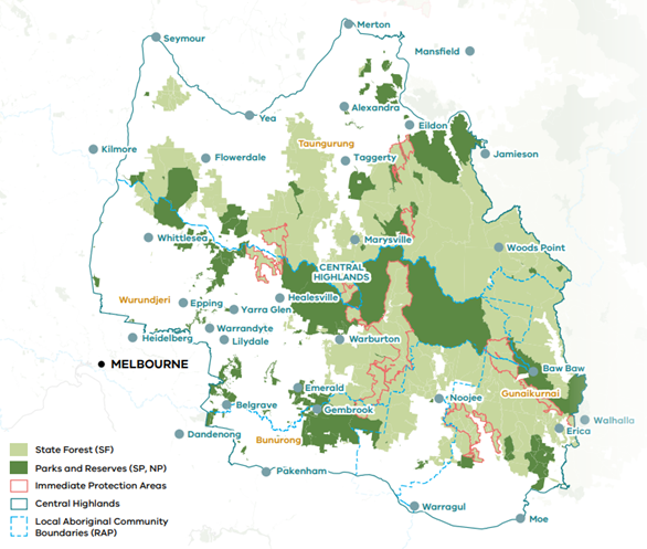 Map showing the Mirboo North and Strathbogie Ranges Immediate Protection Areas
