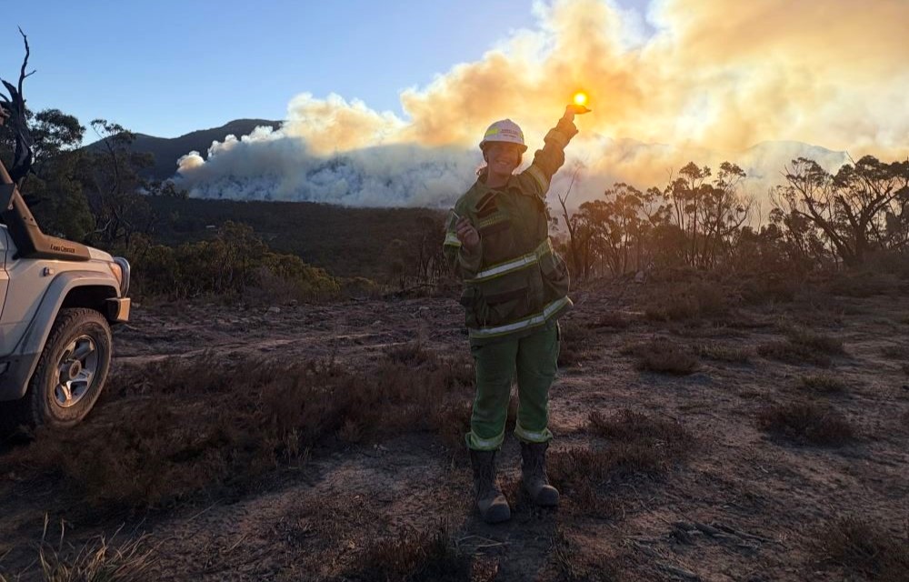 A female firefighter is standing in the middle of the picture. There is a smoke plume in the background and she is holding her hand up to the sun