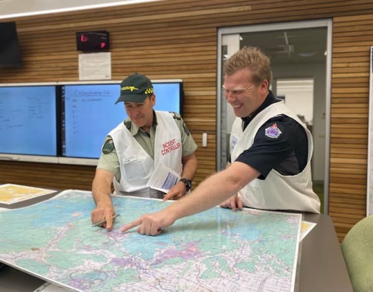 Hume DCFO Aaron Kennedy and CFA District 24 Acting Assistant Chief Fire Officer, Brett Myers, at the new control centre in Tallangatta.