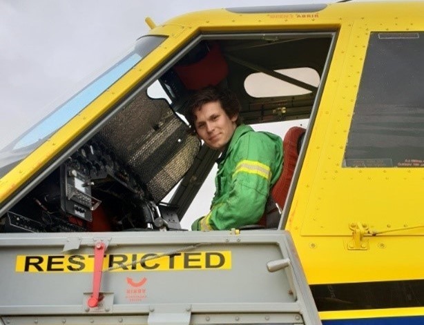 Josh Cottier in a helicopter as part of his fire role