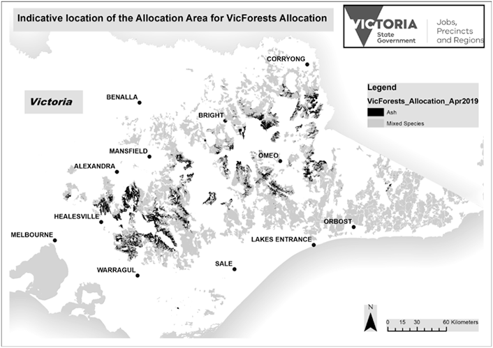 Map of Victoria showing allocation areas for ash and mixed species.