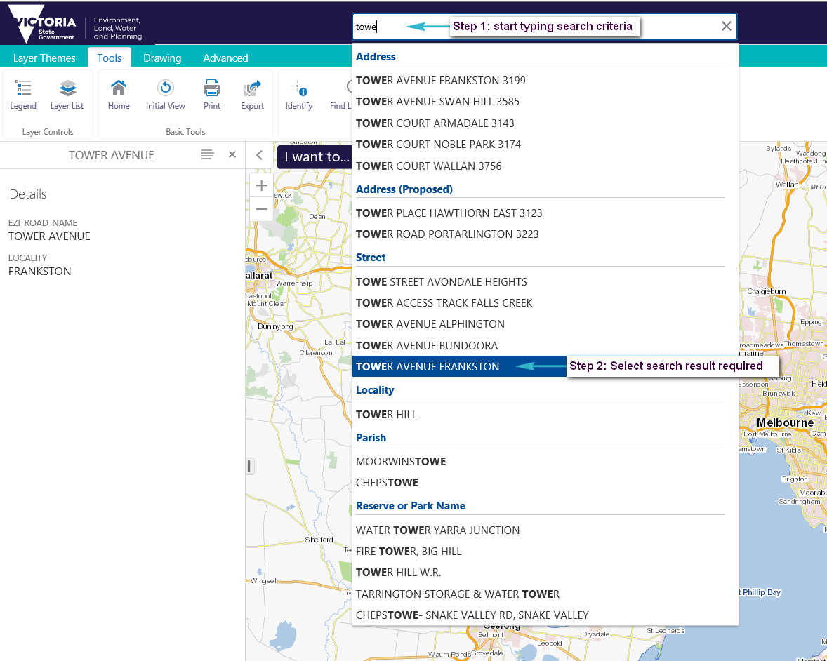 Example of using the Global search tool to select a single feature