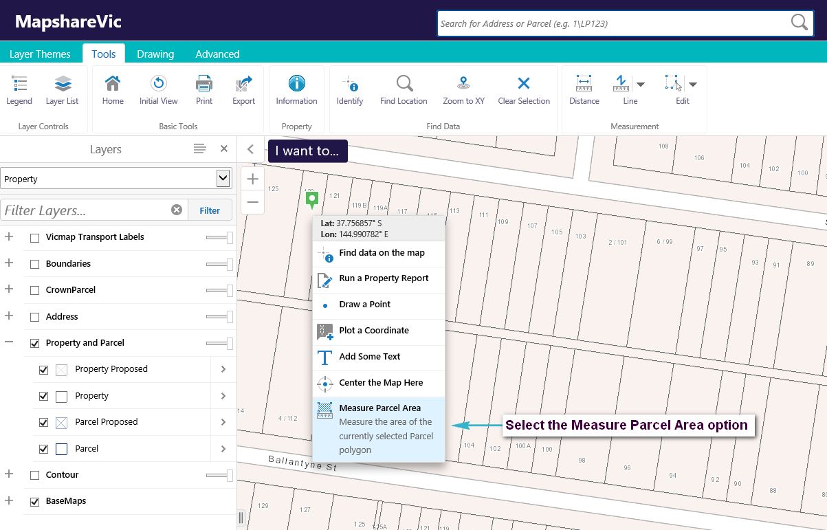 where to find the measure parcel area option